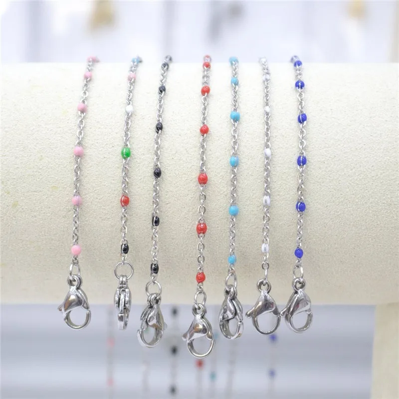 Colorful Enamel Beads Necklace Stainless Steel Link Cable Chain Necklace For Women Men Fashion Vintage Summer Jewelry 45cm Long