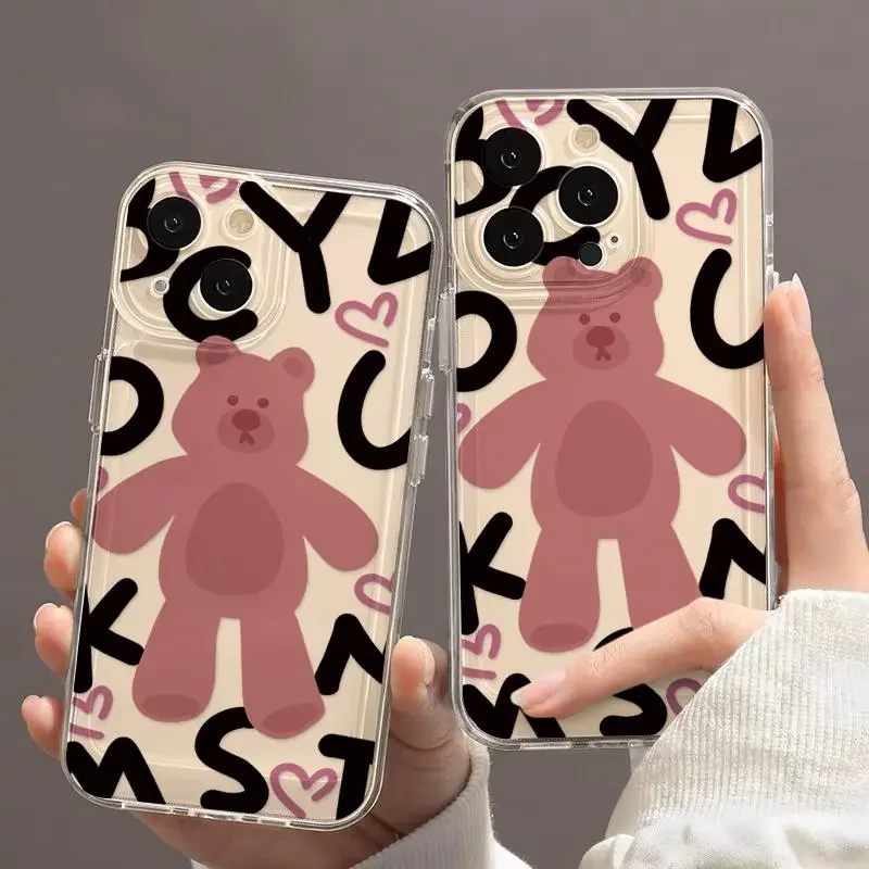 Ins Korean  Lovely Pink Bear Phone Case For iPhone 16 Pro Max 15 14 13 12 11 XR XS Max 7 8 Plus Y2K  Soft Anti fall Phone Case