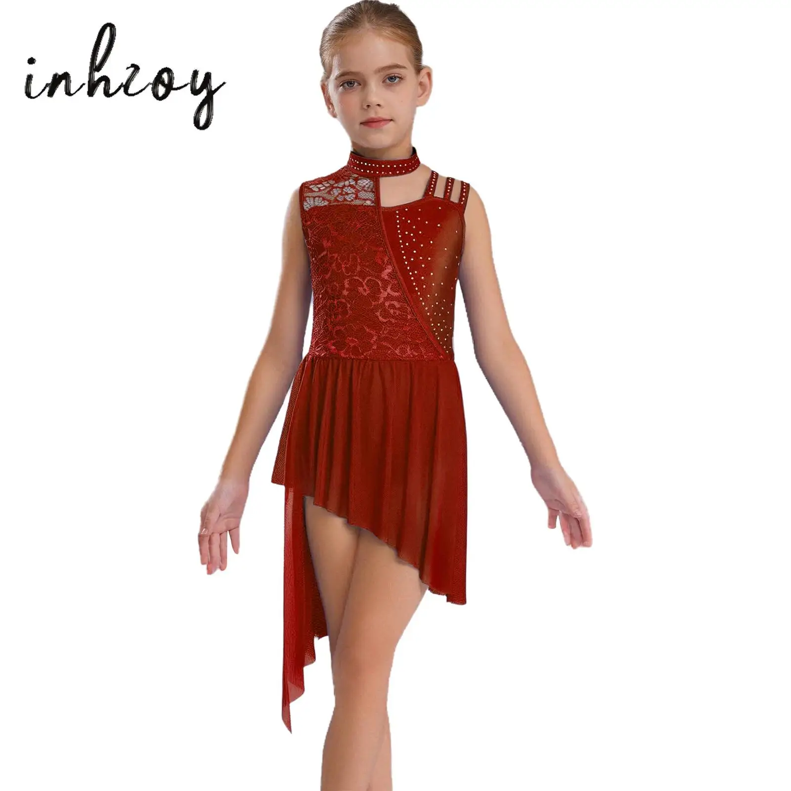 

Kids Girls Modern Lyrical Dance Dress Sleeveless Asymmetrical Shoulder Floral Lace Rhinestones Mesh Irregular Hem Leotard Dress
