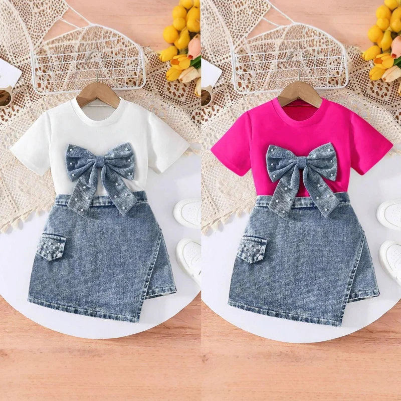 

2026Children's clothing set for girls with bow and pearlsTShirt+Fashionable denim skirt-pants two-piece set