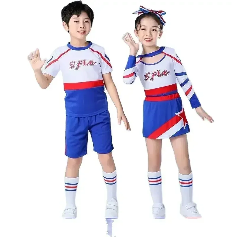 Boy Girl Cheerleading Uniform Set Dance Longsleeve Children Colorblock Patch Style Rehearsal Party Competition Roleplay Team