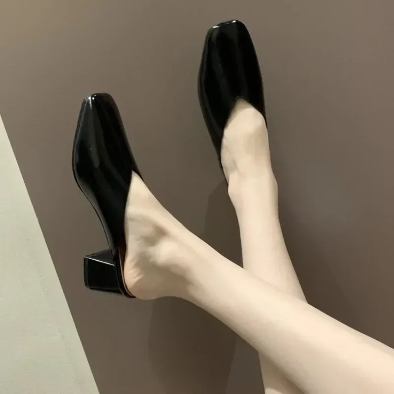 Baotou halbe Hausschuhe Frauen Sommer neue Oberbekleidung Mode einfarbige quadratische Zehen dicke Ferse hochhackige Damenschuhe – Detail 2