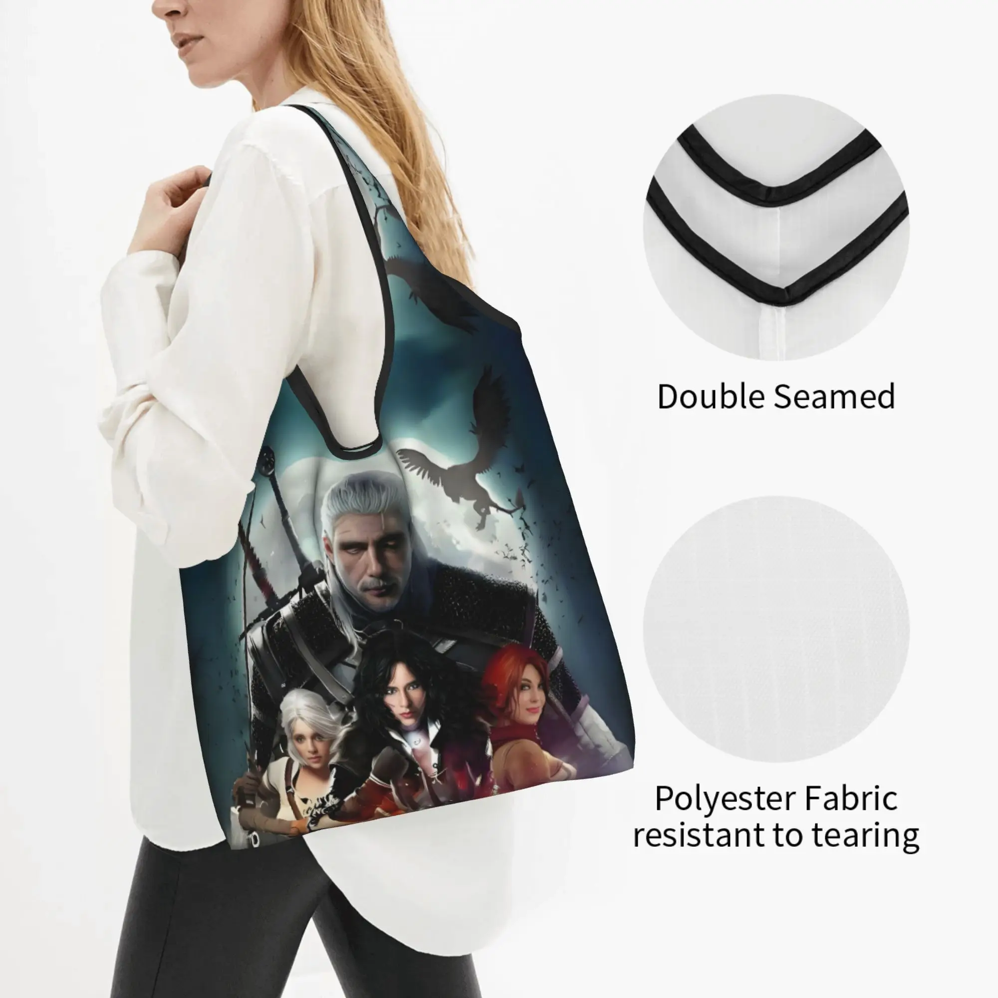 Action The Witcher  Game  Groceries Shopping Bag Cute Shopper Shoulder Tote Bags Large Capacity Portable Role Playing  Handbag