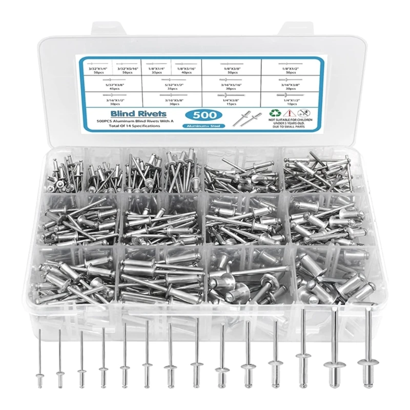 2024 New Comprehensive Metal Rivets set 500Pcs With Washers Rivets Assortment set Simple Installs Excellent for Home Project