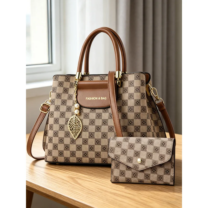 

Printed checkered women's large-capacity tote bag, two-piece set of women's crossbody bags, color-blocked handbag, Mother's Day