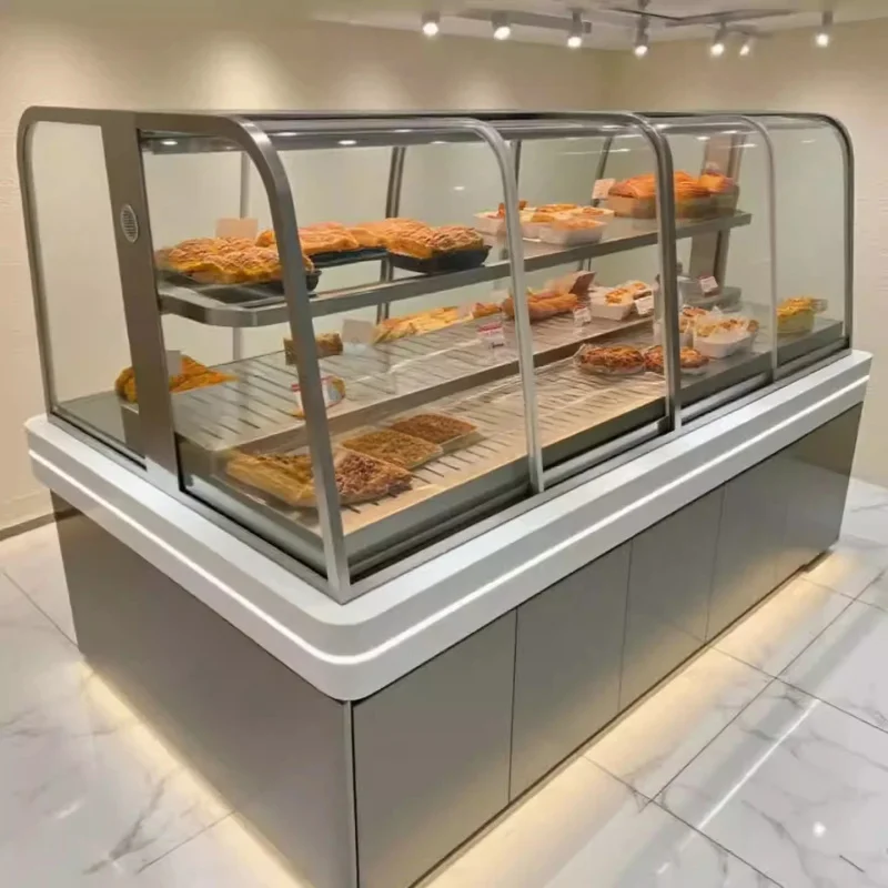 custom.Customizable Glass Wood Bread Display Stand with LED Lighting Varnished Heavy Duty Metal Frame Supermarket Ret view 5