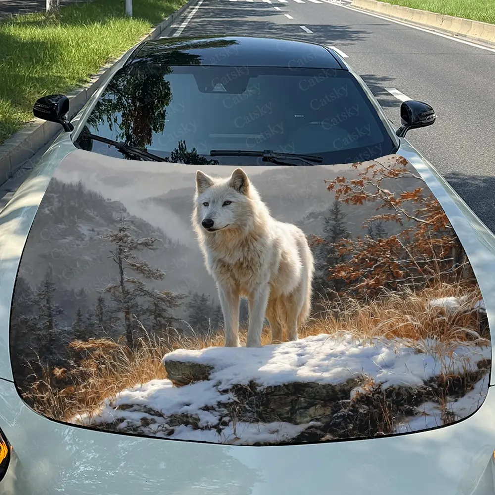 

The Wolf Standing On The Rock Car Hood Stickers, High-quality Vinyl Decals Suitable For Cars And Trucks, Fit Well, Weather Resis