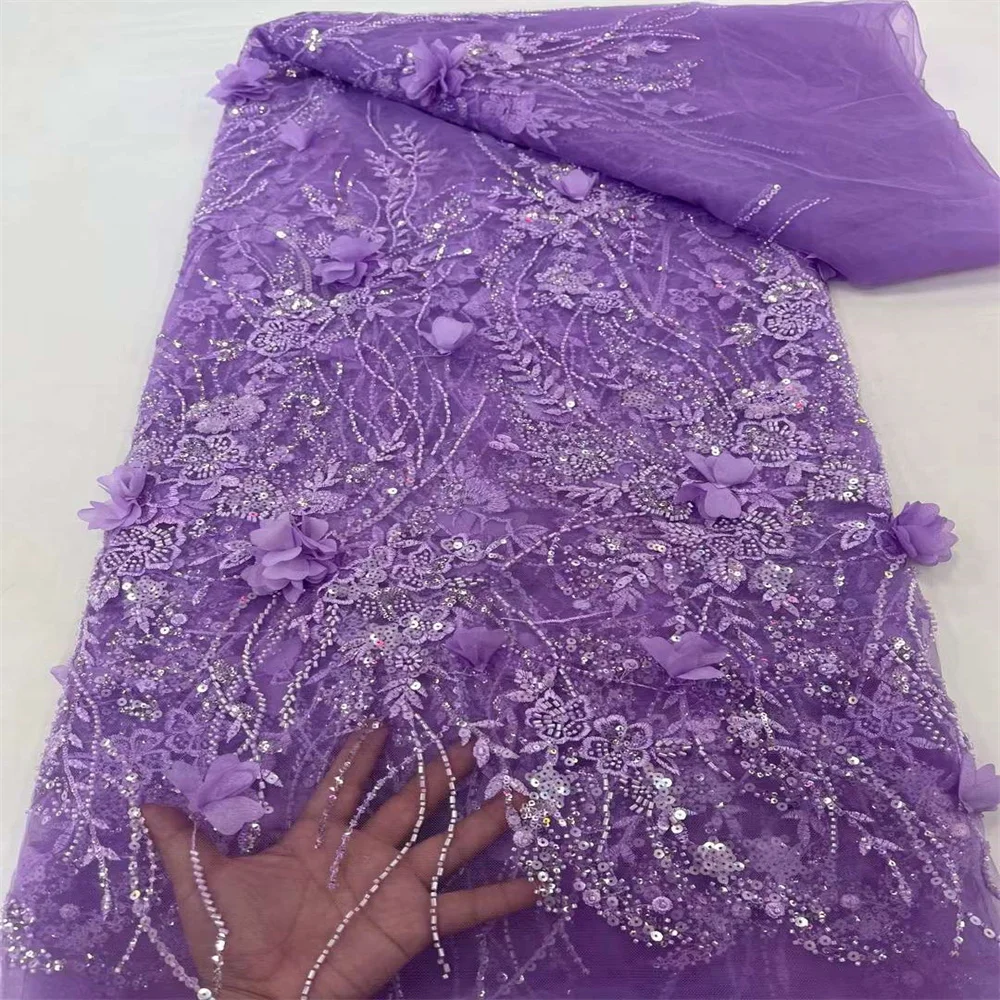 

3D Flower Beaded Embroidery African Lace Fabric 2024 High Quality Nigerian Wedding French Tulle Lace Material With Sequins 5Yard