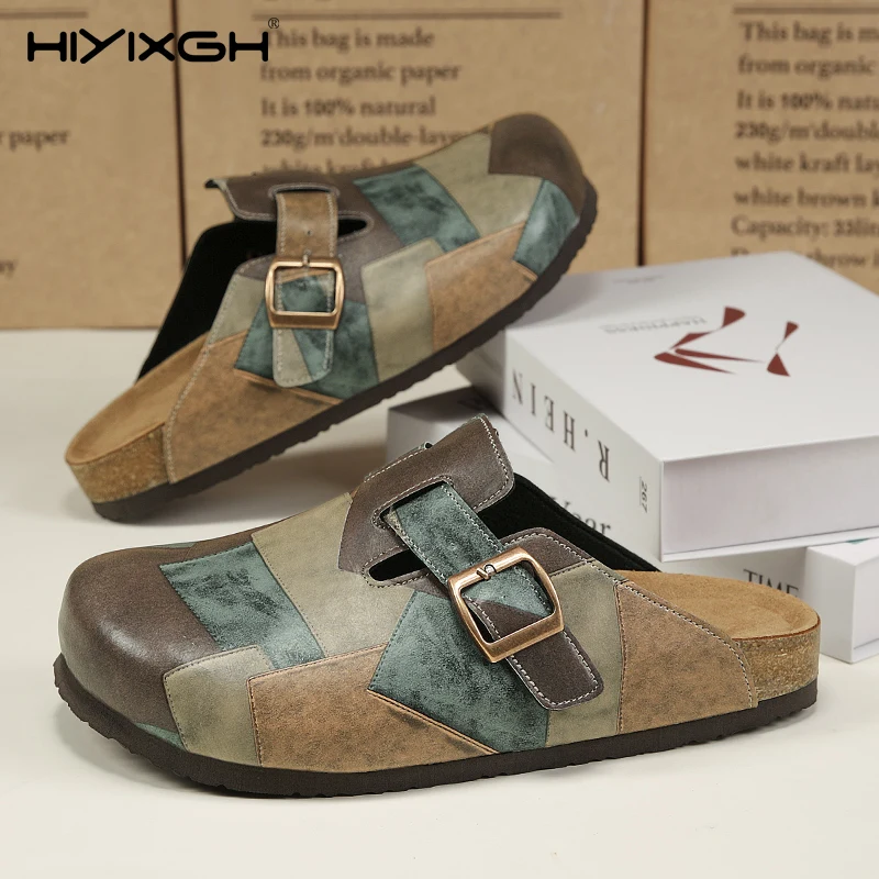 Comfort Cork Leather Slippers for Unisex Men Women Slip on Half Shoes Sandals Closed Toe Backless Health Footbed Slides Fashion