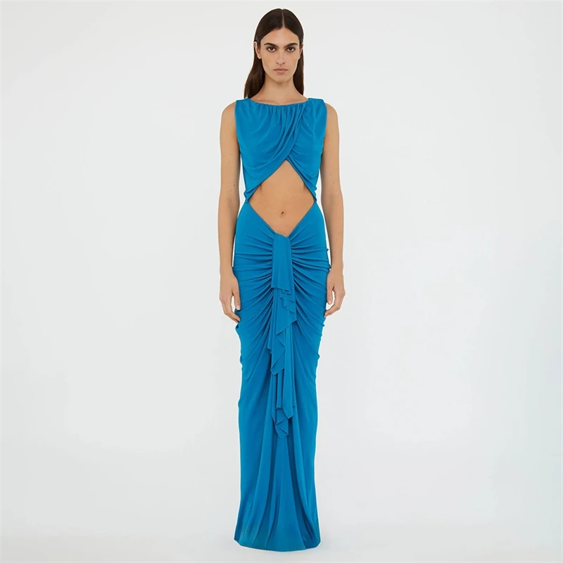 Robe drapée sans manches Turquoise avec découpe à la taille, robe de bal élégante et ajustée pour femmes, cadeau d'anniversaire de mariage