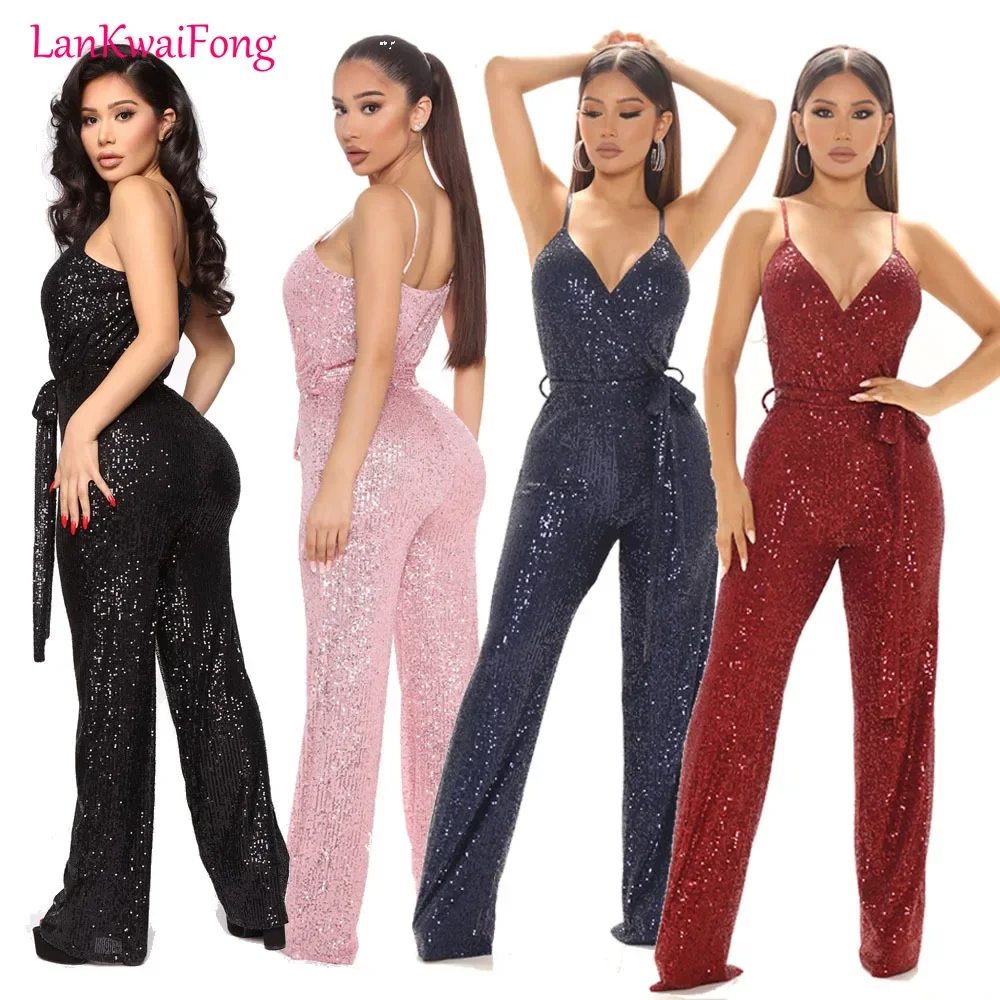 . Autumn Sexy Suspender Sequin Jumpsuit Women Fashion Nightclub Style Sleeveless Lace Up Sequin Jumpsuit Women