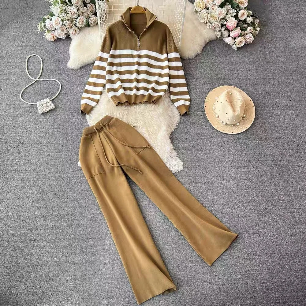 

New Autumn Winter Striped Pant Sets Women Casual Polo Collar Long Sleeve Knitted Sweater + Wide Leg Pants Two Piece Outfits