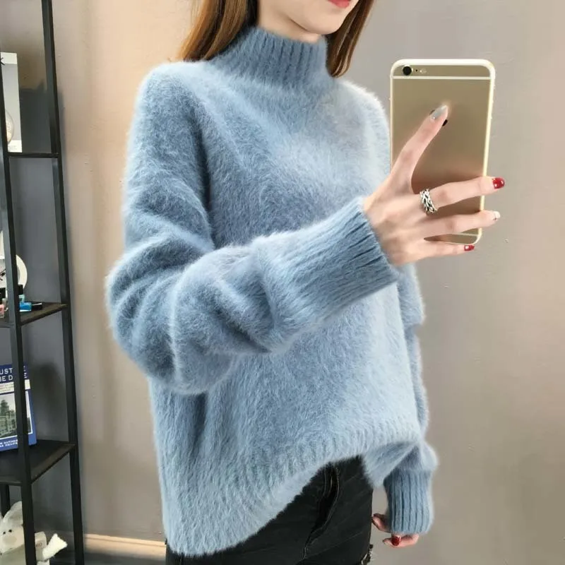 Suéter de cachemira de visón de imitación para mujer, Tops de cuello alto, Jersey suelto, ropa de calle, otoño e invierno, 2023