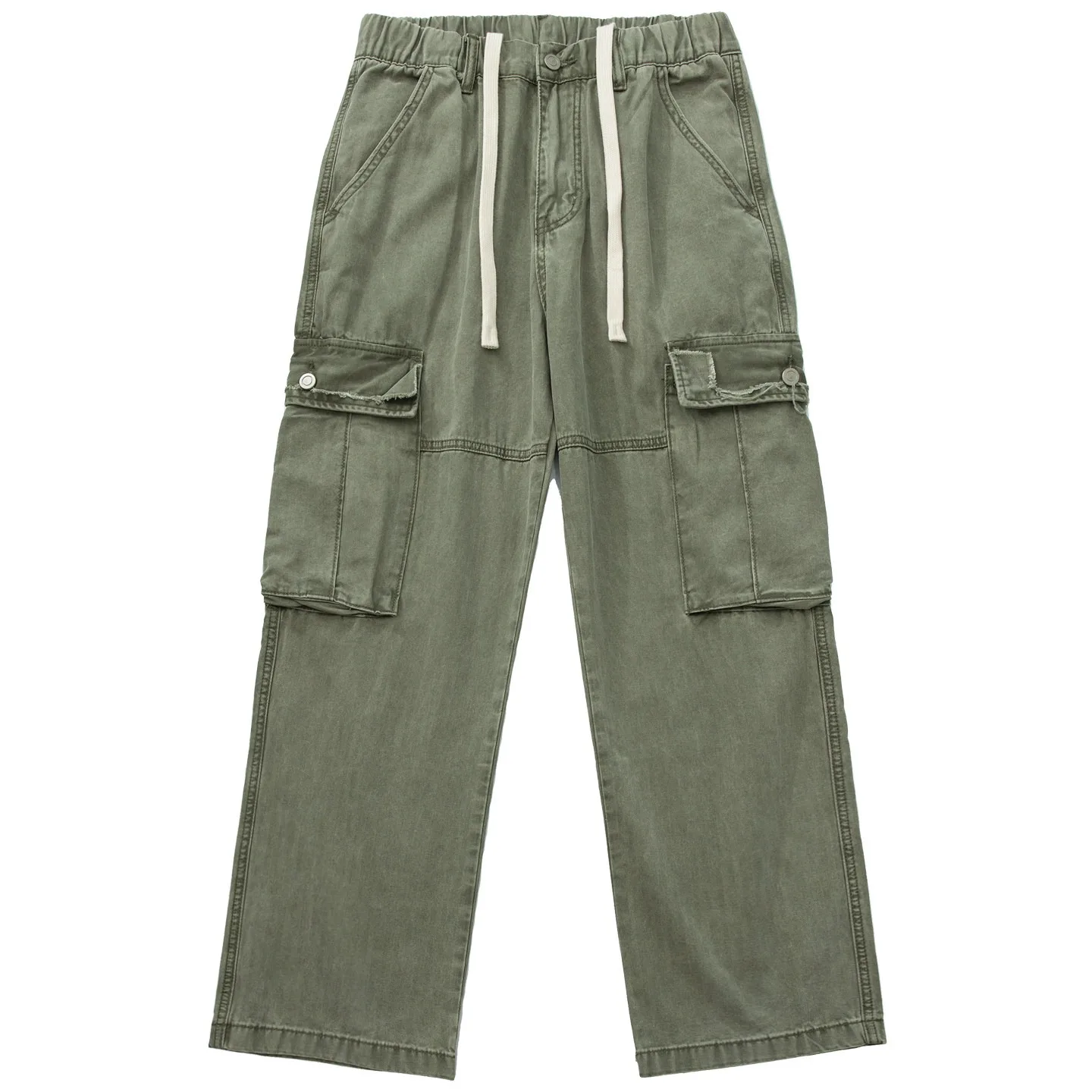 

American Vintage Washed and Distressed Men's Army Green Multi-pocket Straight-cut Casual Loose-fitting Pants