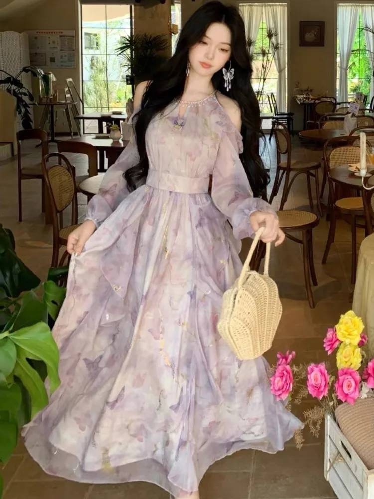 

Elegant and Chic Women Floral Midi Dress Long Sleeve Vintage Party Birthday Vestidos Female A-Line Mujers Fall Clothes New