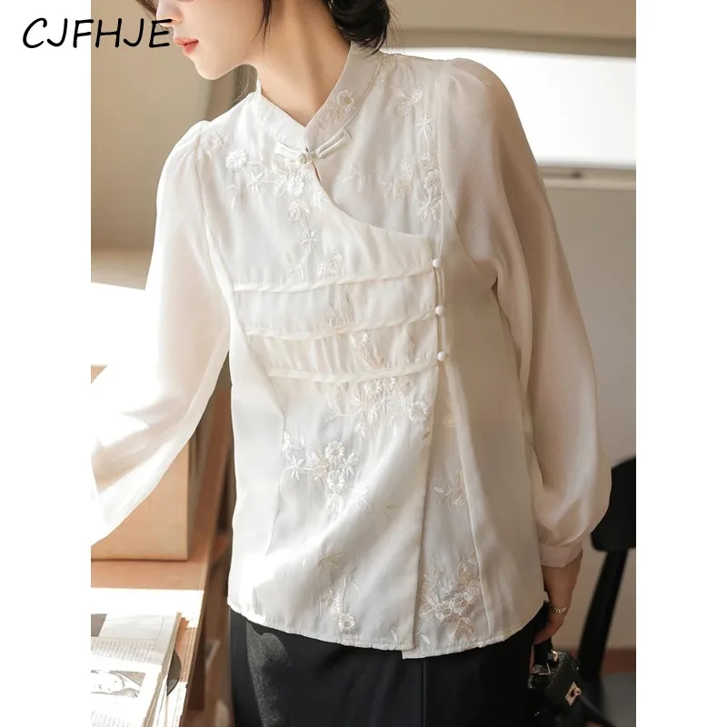 

CJFHJE New Chinese Style Soft Organza Long Sleeve Casual Buttons Shirts Women Fashion Elegant Embroidered Floral Blouse Office