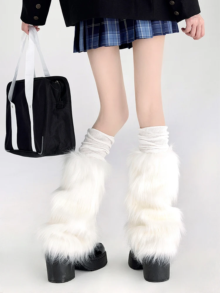 Damskie długie skarpetki ze sztucznego futra Solidne wełniane pończochy do kolan Y2K Dziewczęce ocieplacze na nogi Kobiece długie skarpety do kolan