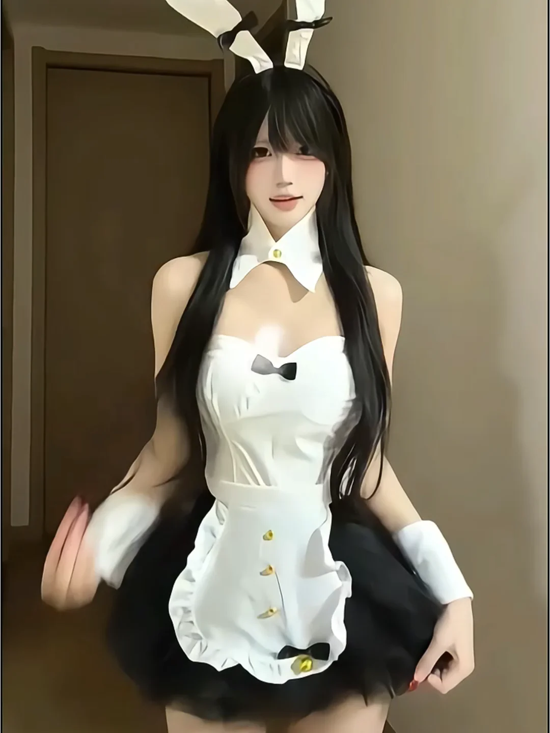

Sexy Retro Girl Apron Two-Piece Set Pure Desire Winter Fashion Net Skirt Rabbit Girl Uniform School Work Uniform High Waist