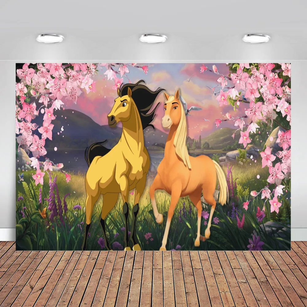 

Spirit Riding Free Photo Backdrops Racetrack Girls Birthday Party Horse Racing Photography Background Photocall Prop Banner