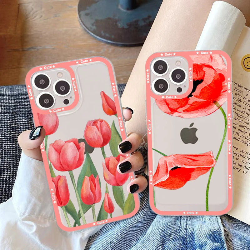 Red poppies tulip rose Phone Case For iPhone 11 12 13 14 Mini Pro Max XR X XS TPU Clear Case For 8 7 6 Plus SE 2020