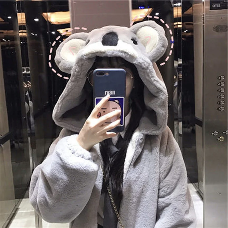 Autumn Winter Zipper Coat Sweet Hooded Kawaii Harajuku Loose Pocket Hoodies Womens Fleece Flannel Sweet Koala Coats 2023 Female