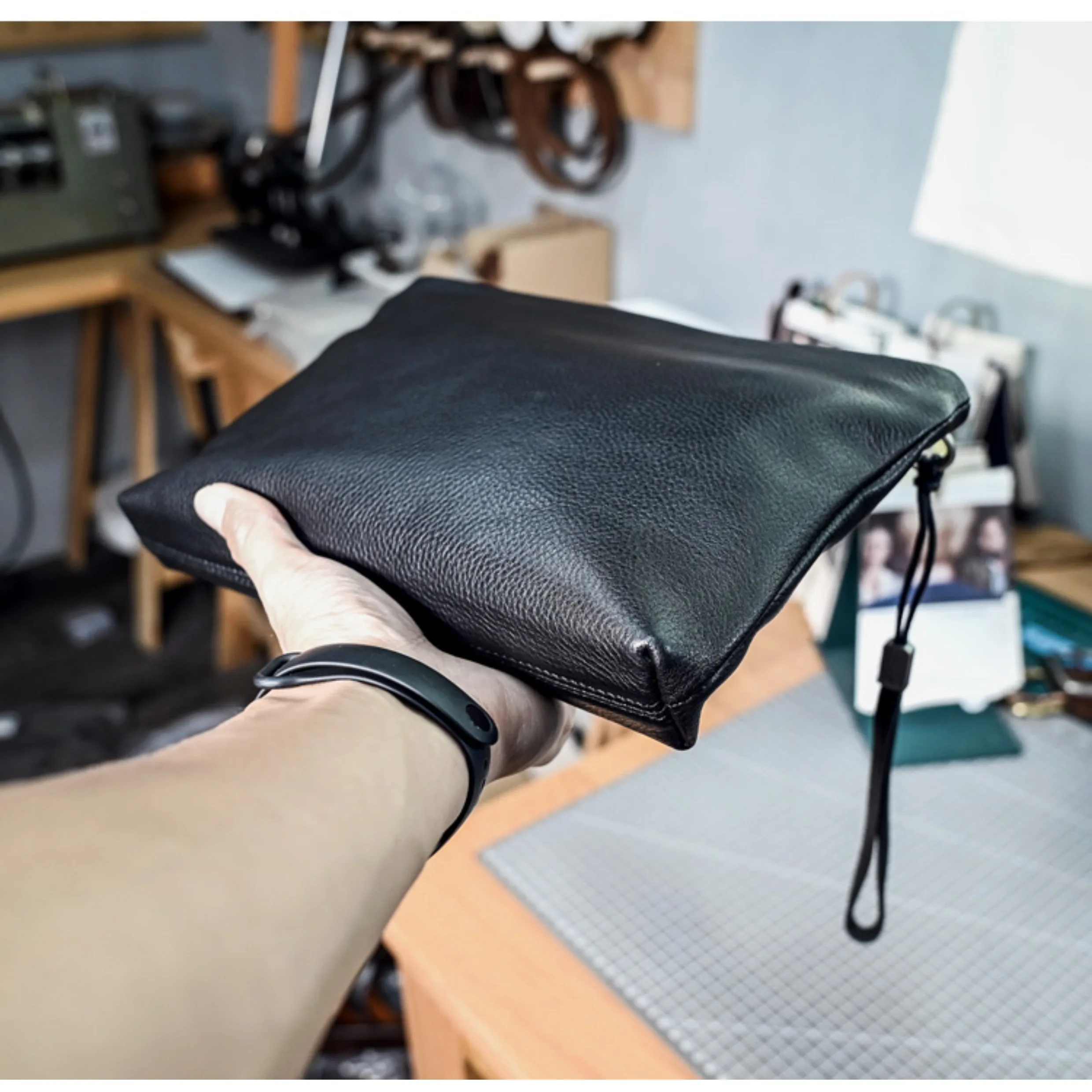 

travel luxury first layer cowhide men's black clutch bag simple casual handmade genuine leather phone certificate storage bag