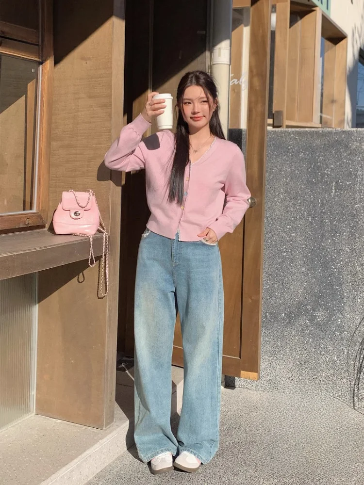 

Корейский вязаный топ с эффектом похудения и джинсы с высокой талией больших размеров, женский модный комплект, осенняя коллекция от Zhang Adult