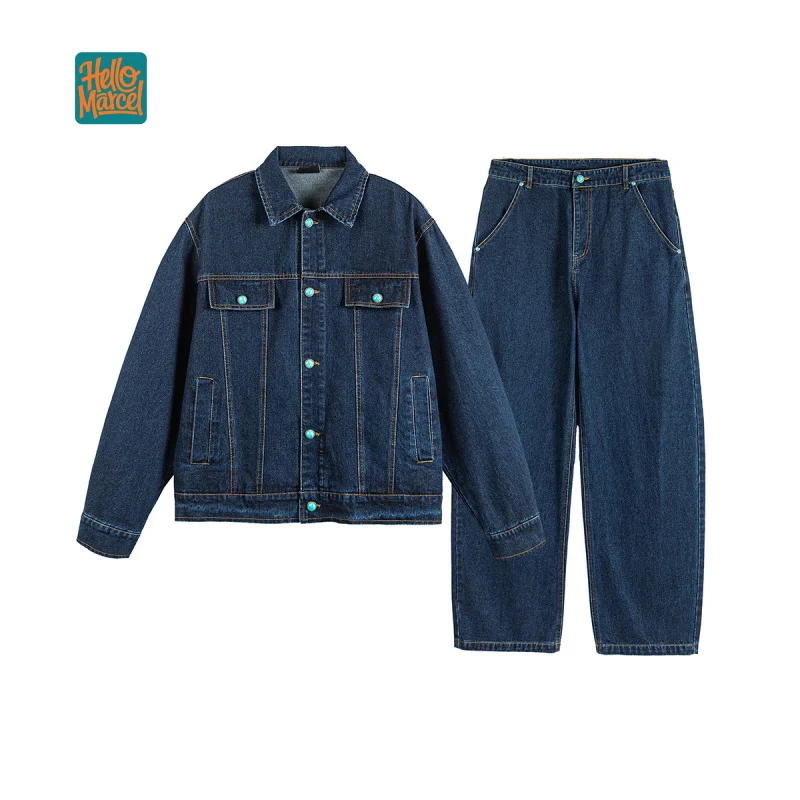 

HELLOMARCEL Top Quality EU US Size Luxury Street Wear Outdoor Vintage Y2K Simple Denim Jacket and Pants Set