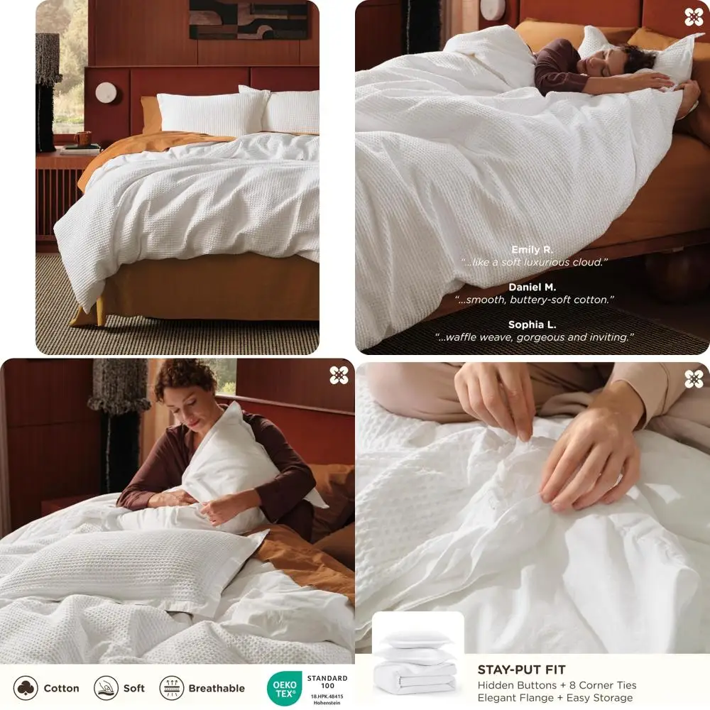 

100% Cotton Waffle Weave Duvet Cover Twin Size - GentleSoft, Breathable White Bedding with Coconut White Finish