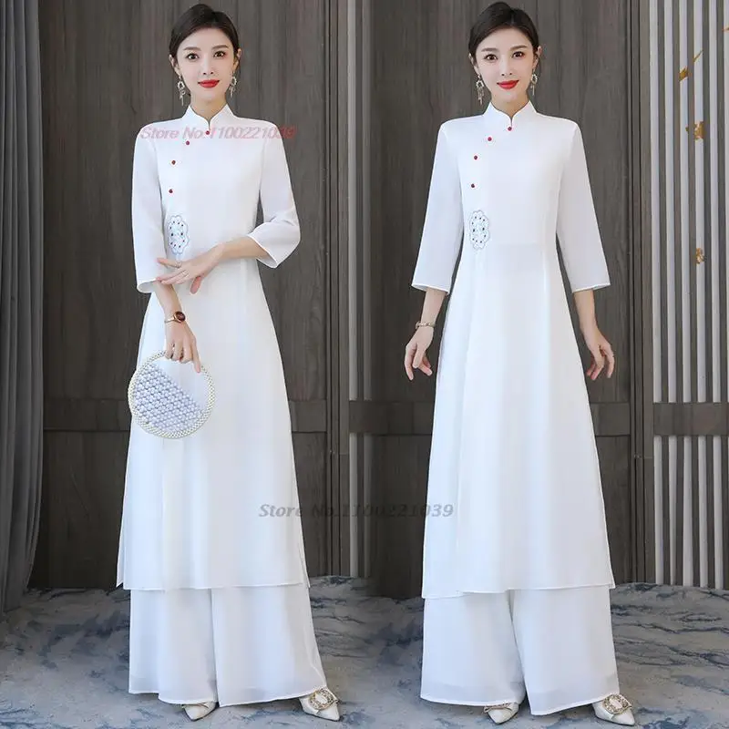 2024 traditional vietnam ao dai vintage dress+pants set national flower embroidery cheongsam dress banquet evening dress vestido