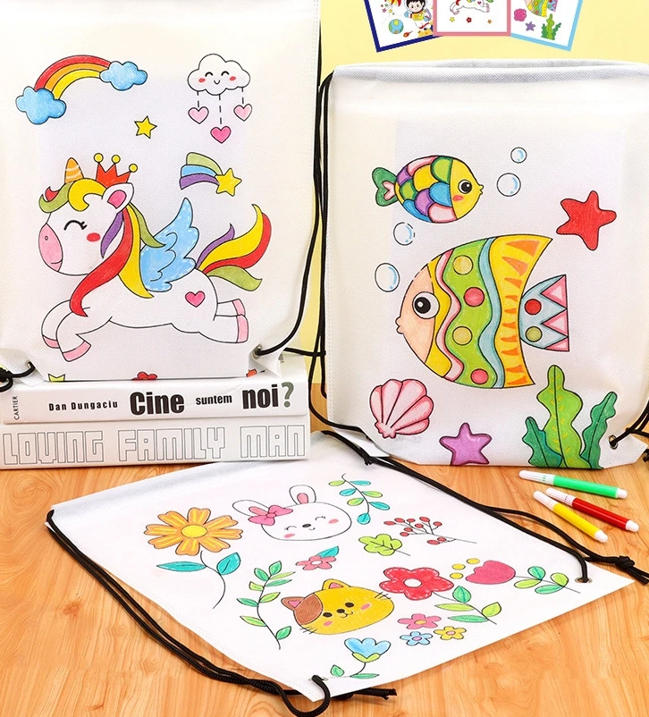 Diy eco-friendly desenho sacos graffiti saco com marcadores crianças saco de pintura artesanal arte artesanato cor enchimento brinquedo