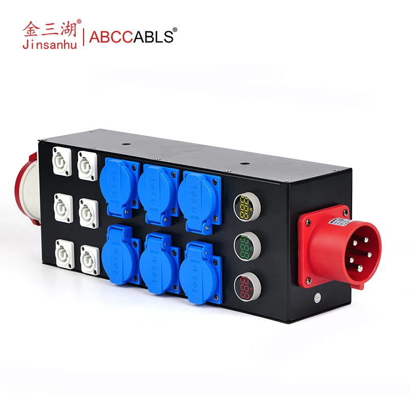 Customizable 63A 5Pin 3Phase Power Distribution Box with 6 PowerCON & 6 16A Sockets & 3 Digital Voltmeters for Stage Lighting