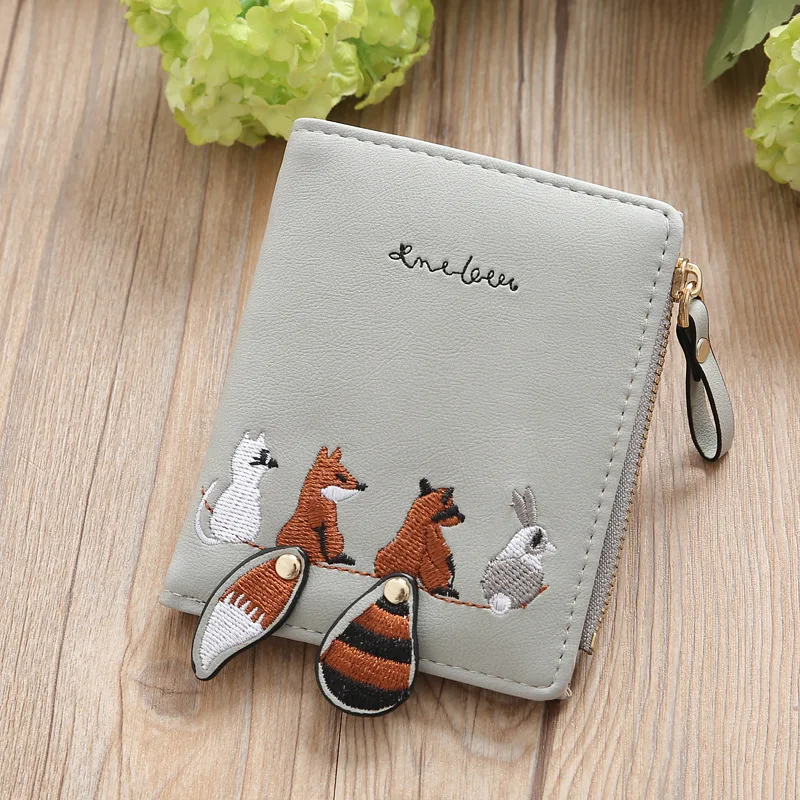 2022 Cute Animals Embroidery High Capacity Thin Wallet Women Zipper Fold Mini Coin Purse Card Holders Short Wallets New Trend