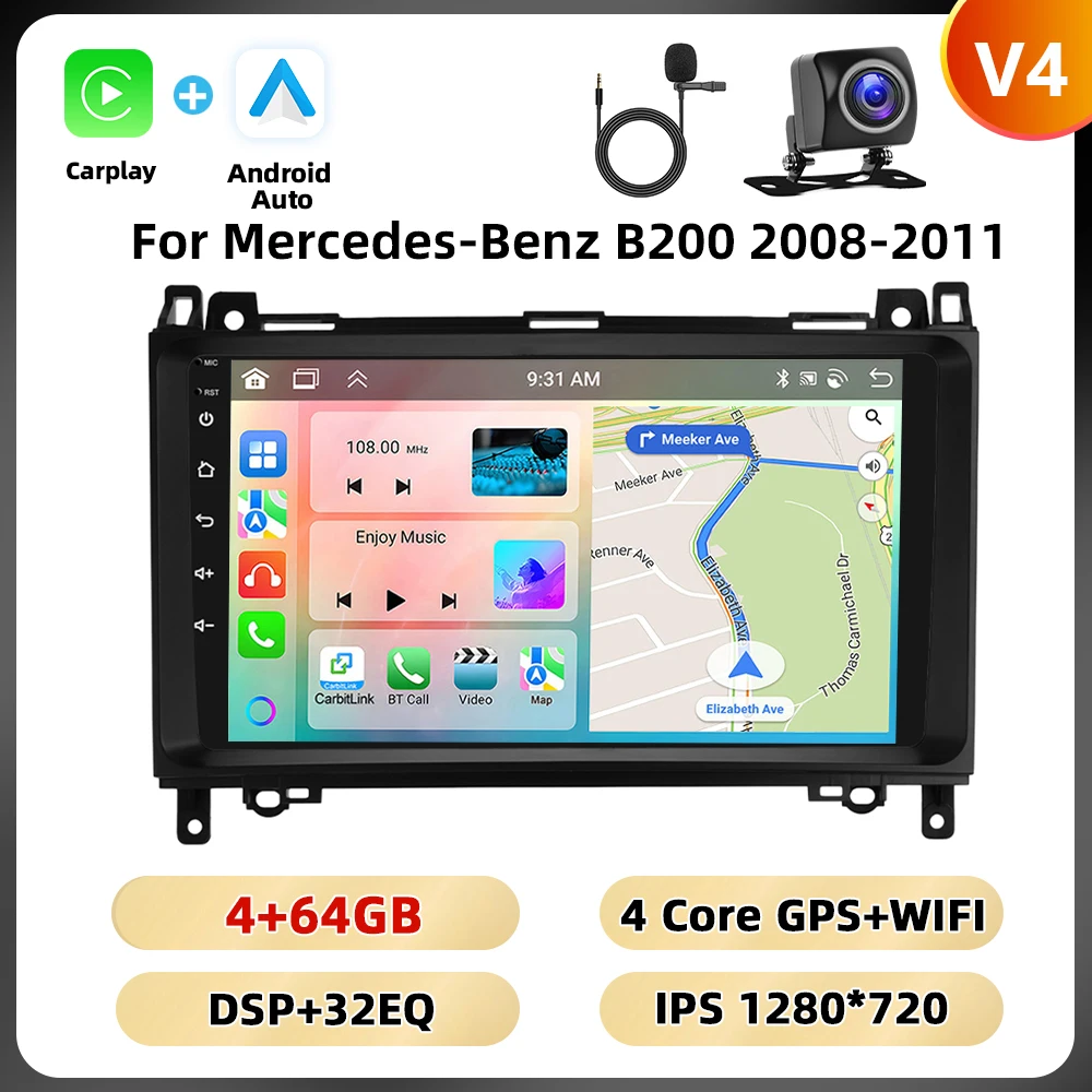 Podofo 8 128G 2din Autoradio Voor Mercedes-Benz B200 2008-2011 Multimediaspeler Navigatie Carplay Android Auto Rds Auto Audio