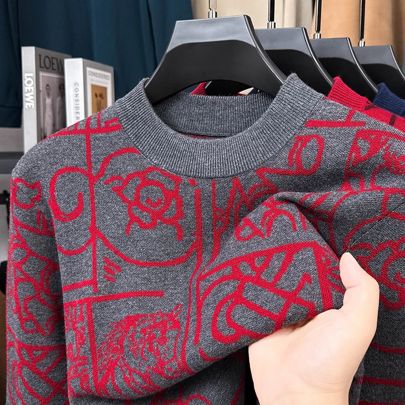 Light luxury brand men'sknitted warm sweater autumn winter fashion personalized graffiti design youth casual round neck pullover