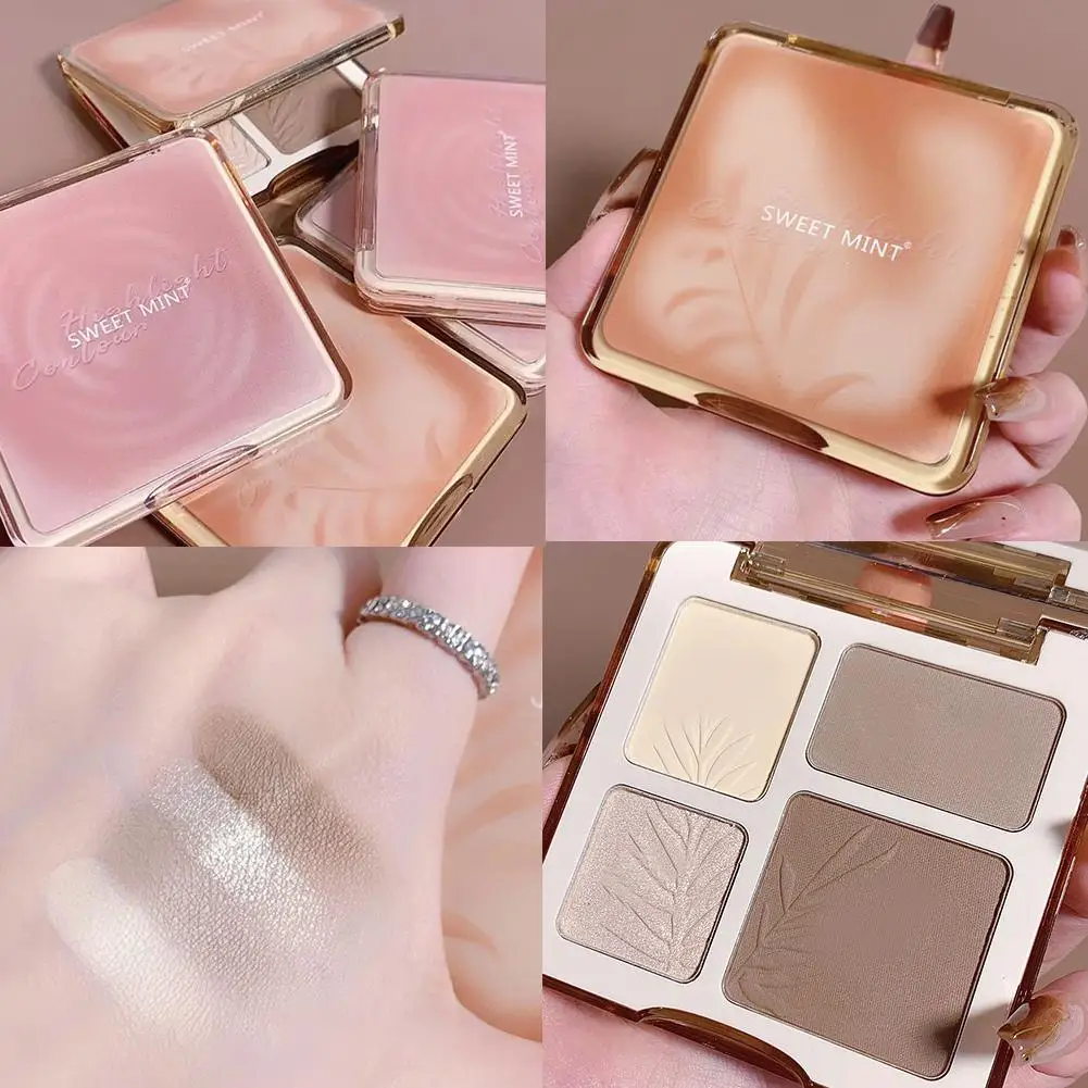 Palet Bronzer, 4 warna Highlighter palet kontur Shading mencerahkan kosmetik Bronzer wajah Multifungsi Matte Powd M7F5