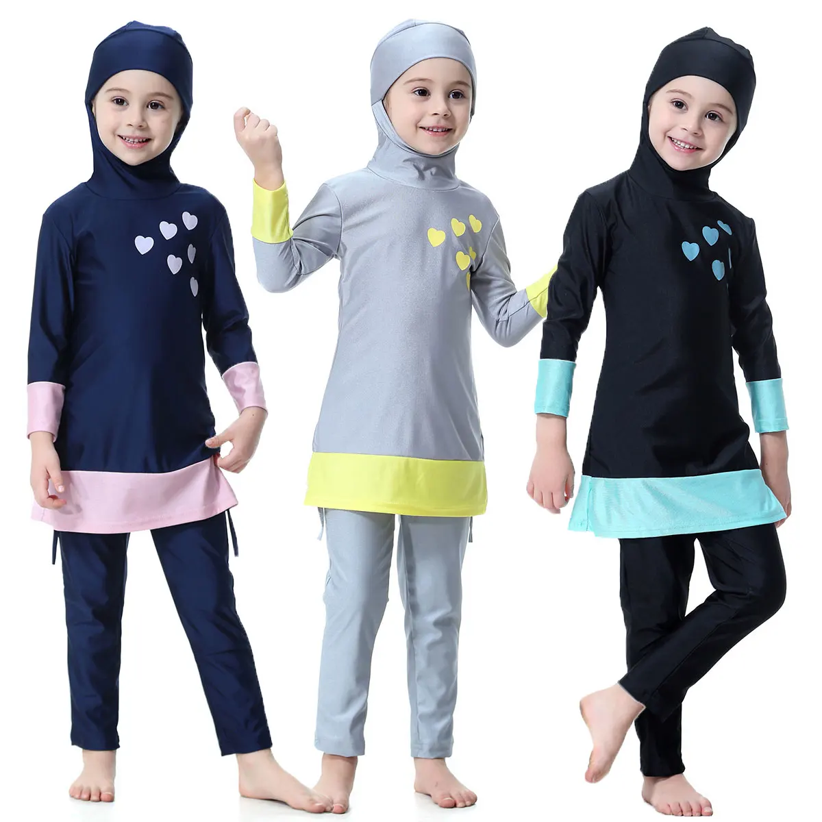 

Lovely Muslim Girls Swimwear Burkini Baby Child Teens 1-16Y Islamic Hooded Swimsuit Full Cover Quick Dry Hearts Printing