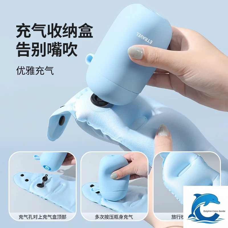 Folding portable inflatable U-shaped pillow for long-distance travel with neck support