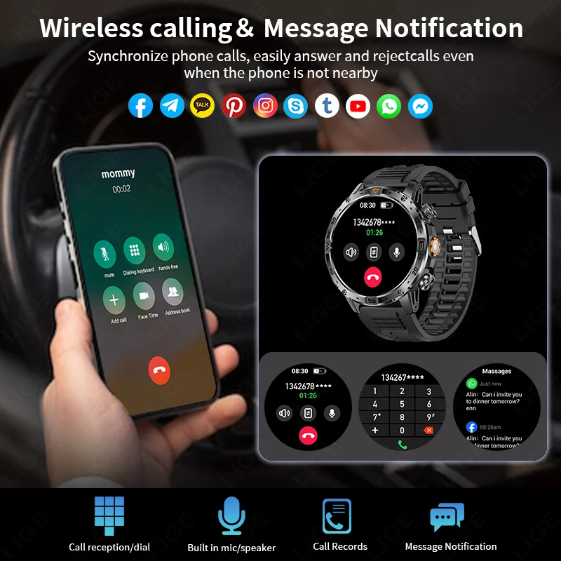 LIGE Military Sturdy Men Smart Watch LED Flashlight 1000mAh Battery Standby Outdoor Compass Sports Health Monitor Men Smartwatch