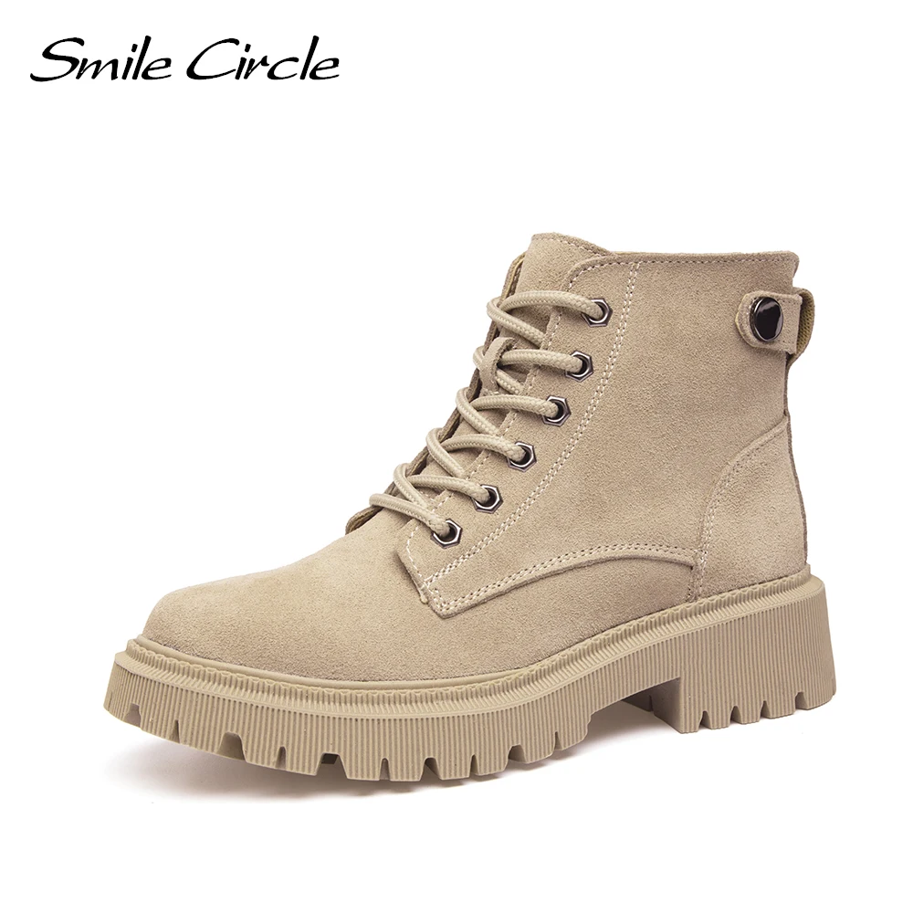 Smile Circle Women Ankle Boots Suede Leather Lace-ups Platform Boots Autumn/Winter Chunky Boots for Ladies Shoes