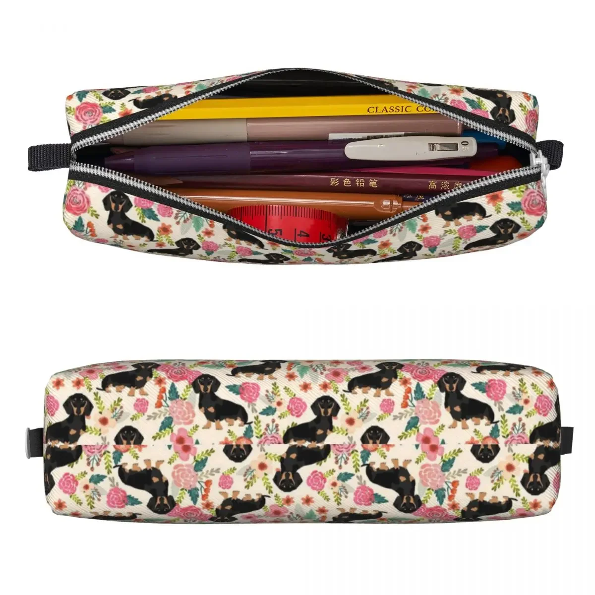 Fashion Dachshund Dogs And Flowers Pencil Cases  Box Pen for Student Large Storage Bag Students School Gift Stationery