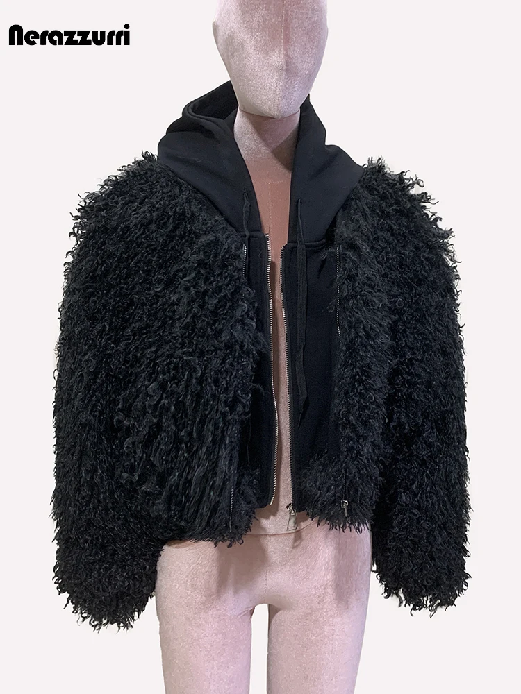 Nerazzurri Winter Short Oversized Black Fuzzy Shaggy Thick Warm Faux Fur Coat Women with Hood Fluffy Jacket Fake 2 Piece Clothes