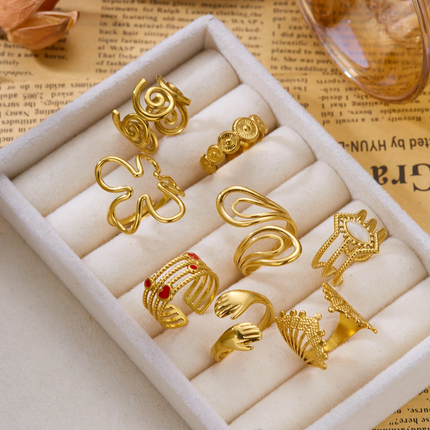 Vintage PVD-Vergoldete Edelstahl Offene Ringe Set für Frauen Geometrische Hohle Verstellbare Ringe Party Alltagsschmuck Wasserdicht – Detail 5