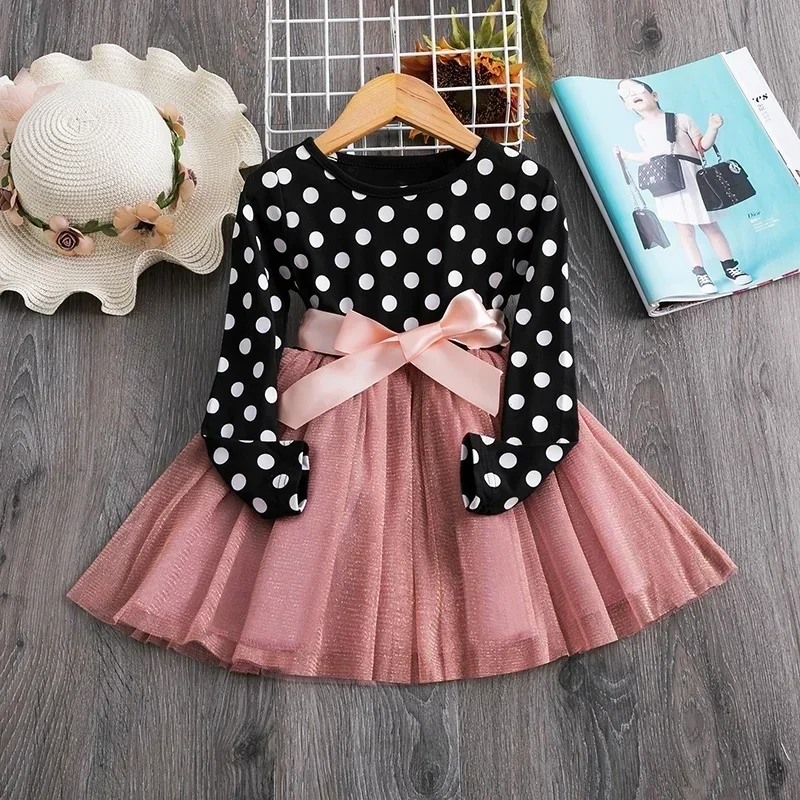 Polka Dots Long Sleeve Tulle Princess Dress for Girls Kids Birthday Party Dresses Vestidos Children Autumn Casual Clothes 3-8Yrs