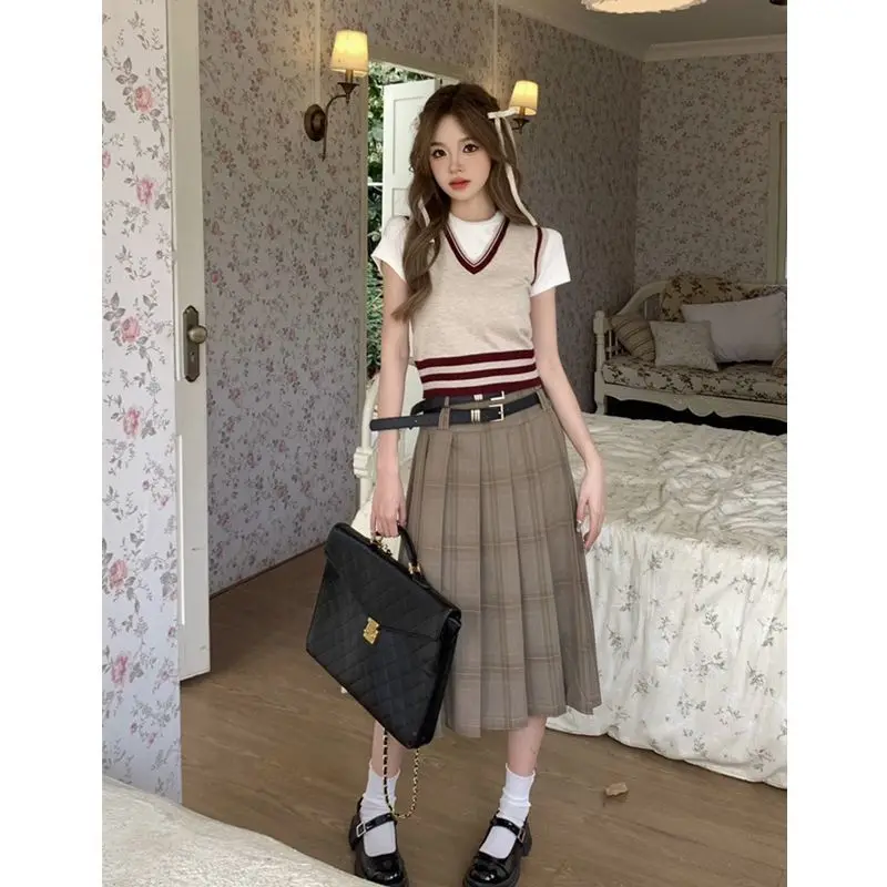 Korea Vintage Long Plaid Skirt Women High Waist A-line Fashion Preppy Midi Pleated Skirt School Uniform