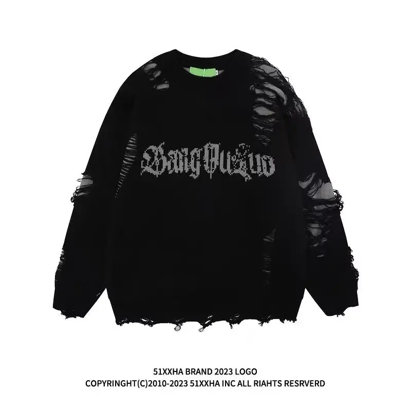 Jesienny sweter Hip Hop Streetwear Mężczyźni Koreańska moda Ripped Hole Pullover Mężczyźni Casual Luźny sweter z dzianiny Hipster Knitwear