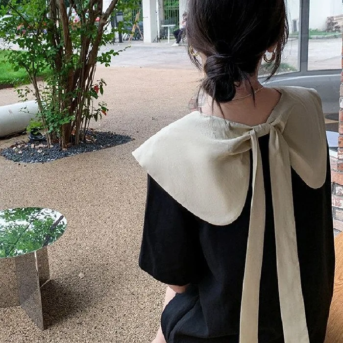 Elegant Black Hepburn Style Slimming Waist Dress with Peter Pan Collar Short Sleeve High Waist A-Line Skirt for plus Size Women