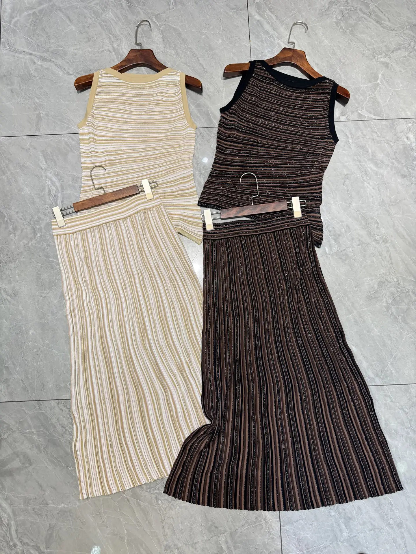 

Women Sequin Striped Knitted Set Round Neck Sleeveless Asymmetry Vest Top + Elastic Waist A-Line Long Skirt Vintage Knit Suits