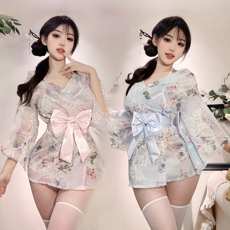 Sexy Lingerie Kimono Bathrobe Set Uniform Temptation Print Japanese Bow Sexy Japanese Style Pajamas New