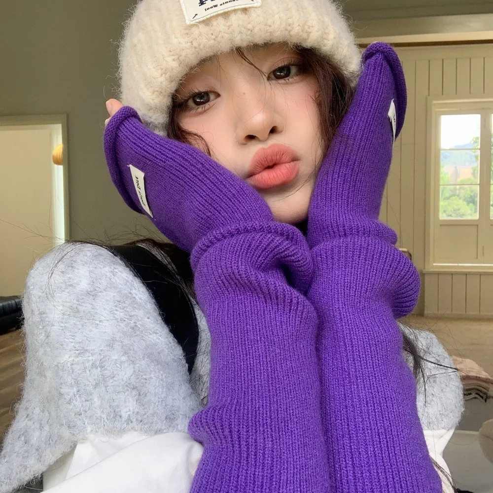 

Korean Style Knitted Warm Sleeves Hole Y2k Woolen Arm Gloves Solid Color Spicy Girl Long Fingerless Sleeves Autumn